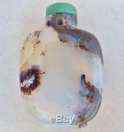 2.25 Chinese Carved OPAL Snuff Bottle with Tiger, Butterfly, Rocks & Green Top