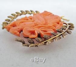 2.35 Vintage 14K Gold Brooch with Chinese Carved Pink Coral Lady Immortal (18.2g)