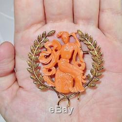 2.35 Vintage 14K Gold Brooch with Chinese Carved Pink Coral Lady Immortal (18.2g)