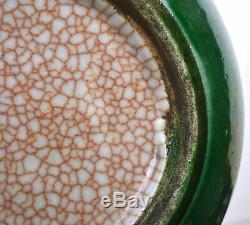 2 Early 20C Chinese Crackle Apple Green Monochrome Porcelain Vase Chocolate Rim
