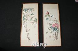 2 Pcs Chinese Original Bird Flower Ink & Watercolour Painting on Silk Signed
