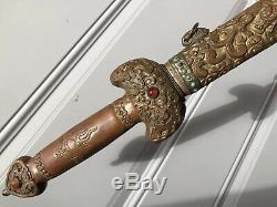 33 Old Antique Chinese Turquoise Gems Inlays Dragon Figure Brass Sword Scabbard