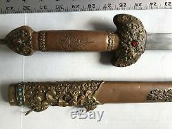 33 Old Antique Chinese Turquoise Gems Inlays Dragon Figure Brass Sword Scabbard