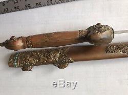 33 Old Antique Chinese Turquoise Gems Inlays Dragon Figure Brass Sword Scabbard