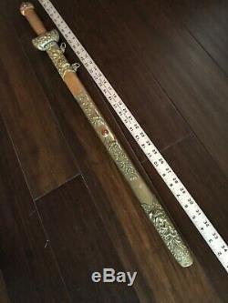 33 Old Antique Chinese Turquoise Gems Inlays Dragon Figure Brass Sword Scabbard