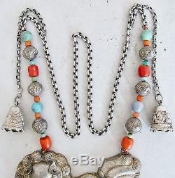 36 Antique Chinese Silver Necklace with 5.65 Foo Dog, Coral & Turquoise (15oz)