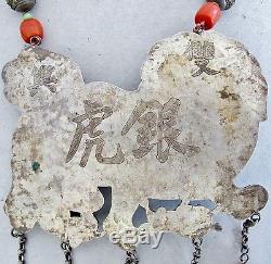 36 Antique Chinese Silver Necklace with 5.65 Foo Dog, Coral & Turquoise (15oz)