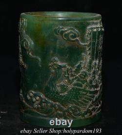 3.8 Old Chinese Green Jade Carved Phoenix 7 Figure Brush pot Pencil vase Pot