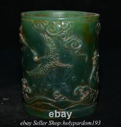 3.8 Old Chinese Green Jade Carved Phoenix 7 Figure Brush pot Pencil vase Pot