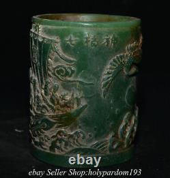 3.8 Old Chinese Green Jade Carved Phoenix 7 Figure Brush pot Pencil vase Pot