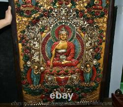 41.8 Old Chinese Wood Copper Gilt Painting Shakyamuni Amitabha Buddha Tangka
