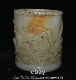 4.8 Old Chinese White Jade Carved 5 Five Tiger Round Brush pot Pencil vase