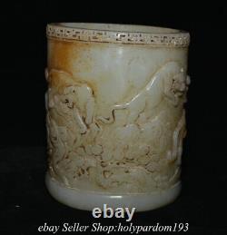 4.8 Old Chinese White Jade Carved 5 Five Tiger Round Brush pot Pencil vase
