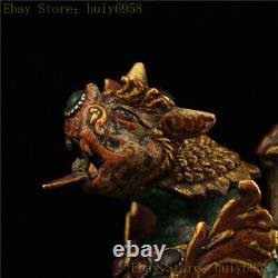 4.92 Chinese pure copper gilt inlay gemstone Painted Door lion statue a pair