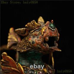 4.92 Chinese pure copper gilt inlay gemstone Painted Door lion statue a pair