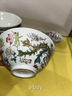 4 Vintage Chinese Double Happiness Dragon-Phoenix Flower Porcelain Bowl-Saucer