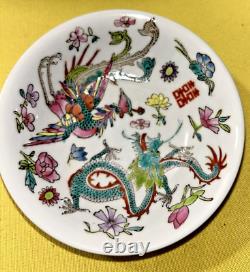 4 Vintage Chinese Double Happiness Dragon-Phoenix Flower Porcelain Bowl-Saucer
