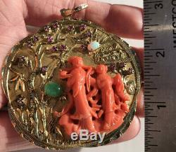 50g Old Chinese 16k Gold Carved Coral Dragon Bird Paradise Figural Disc Pendant