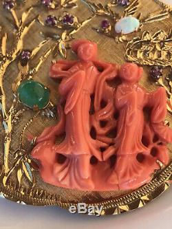 50g Old Chinese 16k Gold Carved Coral Dragon Bird Paradise Figural Disc Pendant