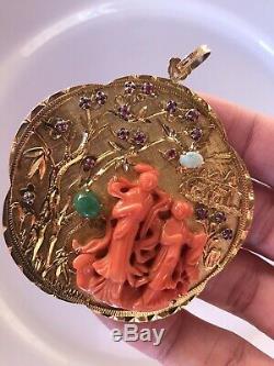 50g Old Chinese 16k Gold Carved Coral Dragon Bird Paradise Figural Disc Pendant