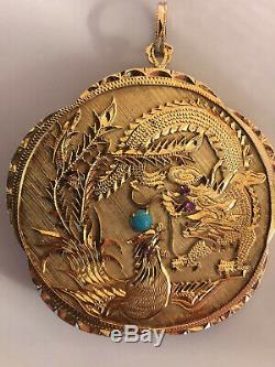 50g Old Chinese 16k Gold Carved Coral Dragon Bird Paradise Figural Disc Pendant