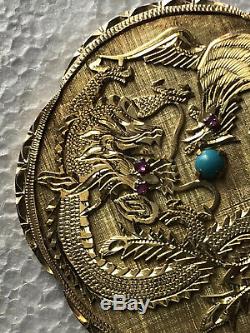 50g Old Chinese 16k Gold Carved Coral Dragon Bird Paradise Figural Disc Pendant