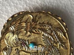 50g Old Chinese 16k Gold Carved Coral Dragon Bird Paradise Figural Disc Pendant