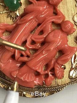 50g Old Chinese 16k Gold Carved Coral Dragon Bird Paradise Figural Disc Pendant