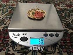 50g Old Chinese 16k Gold Carved Coral Dragon Bird Paradise Figural Disc Pendant