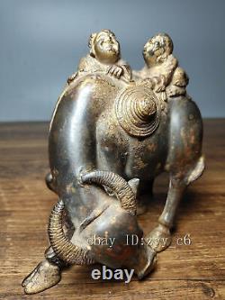 5.4 Chinese antiques Pure copper Cinnabar Lucky Child grazing statue