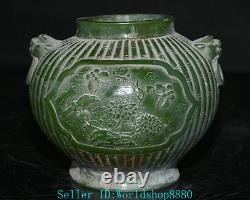 5.8'' Rare Ancient Chinese Green Jade Carved Flower Bird Beast Head Pot Jar Tank