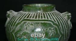 5.8'' Rare Ancient Chinese Green Jade Carved Flower Bird Beast Head Pot Jar Tank