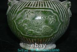 5.8'' Rare Ancient Chinese Green Jade Carved Flower Bird Beast Head Pot Jar Tank