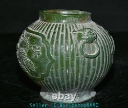 5.8'' Rare Ancient Chinese Green Jade Carved Flower Bird Beast Head Pot Jar Tank