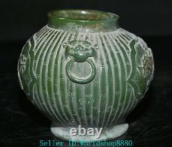 5.8'' Rare Ancient Chinese Green Jade Carved Flower Bird Beast Head Pot Jar Tank