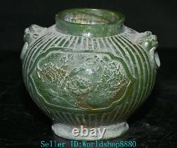 5.8'' Rare Ancient Chinese Green Jade Carved Flower Bird Beast Head Pot Jar Tank