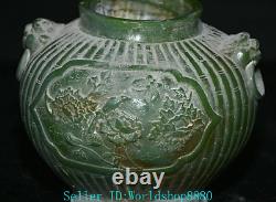 5.8'' Rare Ancient Chinese Green Jade Carved Flower Bird Beast Head Pot Jar Tank