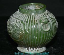 5.8'' Rare Ancient Chinese Green Jade Carved Flower Bird Beast Head Pot Jar Tank