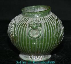 5.8'' Rare Ancient Chinese Green Jade Carved Flower Bird Beast Head Pot Jar Tank