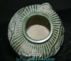 5.8'' Rare Ancient Chinese Green Jade Carved Flower Bird Beast Head Pot Jar Tank