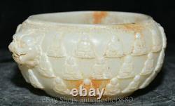 5.9'' Old Chinese White Jade Buddha Pattern 2 Beast Ear Crock Pot Jar Statue