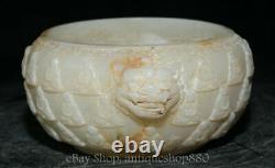 5.9'' Old Chinese White Jade Buddha Pattern 2 Beast Ear Crock Pot Jar Statue