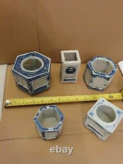 5 of Antique Chinese Blue & White Reticulated Porcelain Cricket Cages Brush Pots