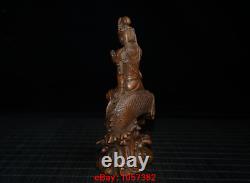 6Old Chinese Boxwood Wood Hand Carved Riding dragon Guanyin Buddha statue