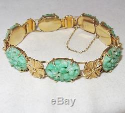6.4 Antique Chinese 14K Yellow Gold Bracelet with Green Jadeite Jade (26.3 grams)
