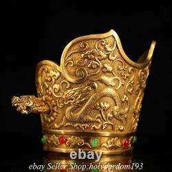 6.4 Old Chinese Bronze 24K Gold Gilt Dynasty Double Dragon Official headgear