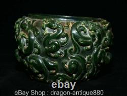 6.4 Old Chinese Green Jade Carved Fengshui Pi Xiu Dragon Beast Jar Pot Statue T