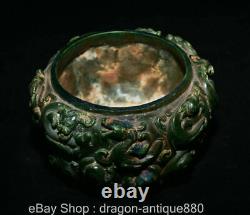 6.4 Old Chinese Green Jade Carved Fengshui Pi Xiu Dragon Beast Jar Pot Statue T