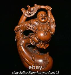 6.8 Chinese Boxwood Hand-carved Sack Happy Laugh Maitreya Buddha Statue