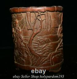 6.8 Old Chinese Bamboo root Carved Mountain Tree Human Pencil vase